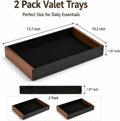 2 Pack Desk Drawer Organizer, Valet Tray for Men, Nightstand Tray Acacia Wooden and Metal Entryway Bedside Dump Holder Accessories for Wallets, Keys, Watches, Phones, Loose Change, Trinkets