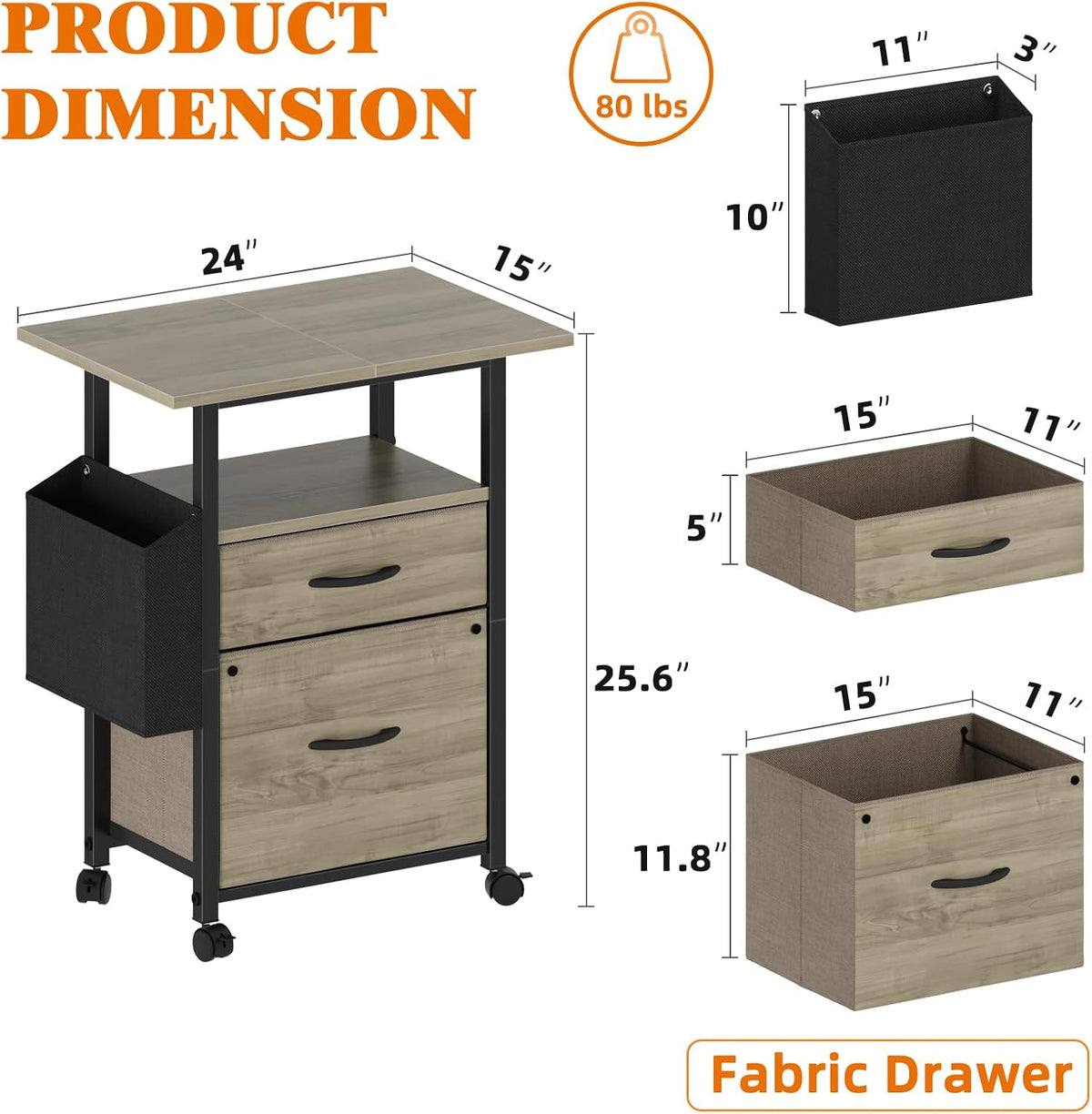2 Drawer File Cabinet 24''W, Mobile Filing Cabinet, Printer Stand