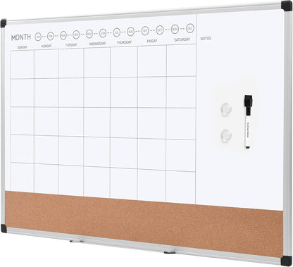 24" x 36" Monthly Whiteboard Calendar with Cork Board, Dry Erase Magnetic Whiteboard for Daily Planning, Wall Mounted, Silver Aluminum Frame