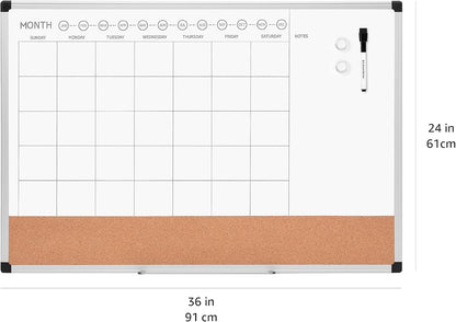 24" x 36" Monthly Whiteboard Calendar with Cork Board, Dry Erase Magnetic Whiteboard for Daily Planning, Wall Mounted, Silver Aluminum Frame