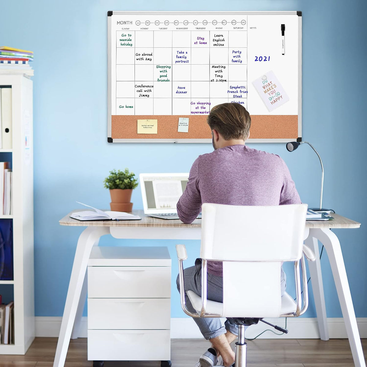 24" x 36" Monthly Whiteboard Calendar with Cork Board, Dry Erase Magnetic Whiteboard for Daily Planning, Wall Mounted, Silver Aluminum Frame