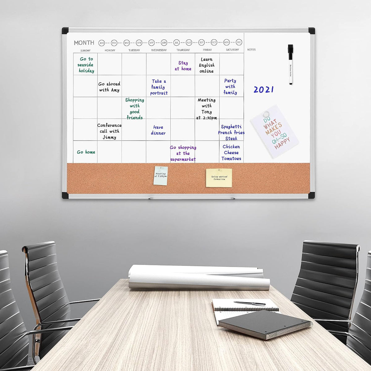 24" x 36" Monthly Whiteboard Calendar with Cork Board, Dry Erase Magnetic Whiteboard for Daily Planning, Wall Mounted, Silver Aluminum Frame