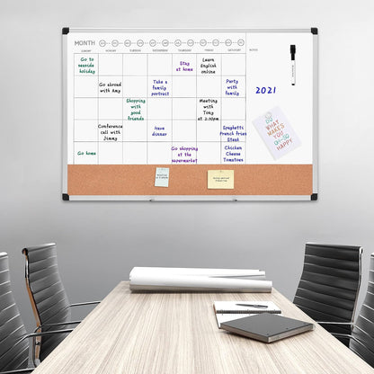 24" x 36" Monthly Whiteboard Calendar with Cork Board, Dry Erase Magnetic Whiteboard for Daily Planning, Wall Mounted, Silver Aluminum Frame