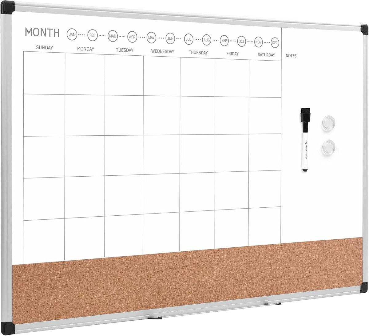 24" x 36" Monthly Whiteboard Calendar with Cork Board, Dry Erase Magnetic Whiteboard for Daily Planning, Wall Mounted, Silver Aluminum Frame