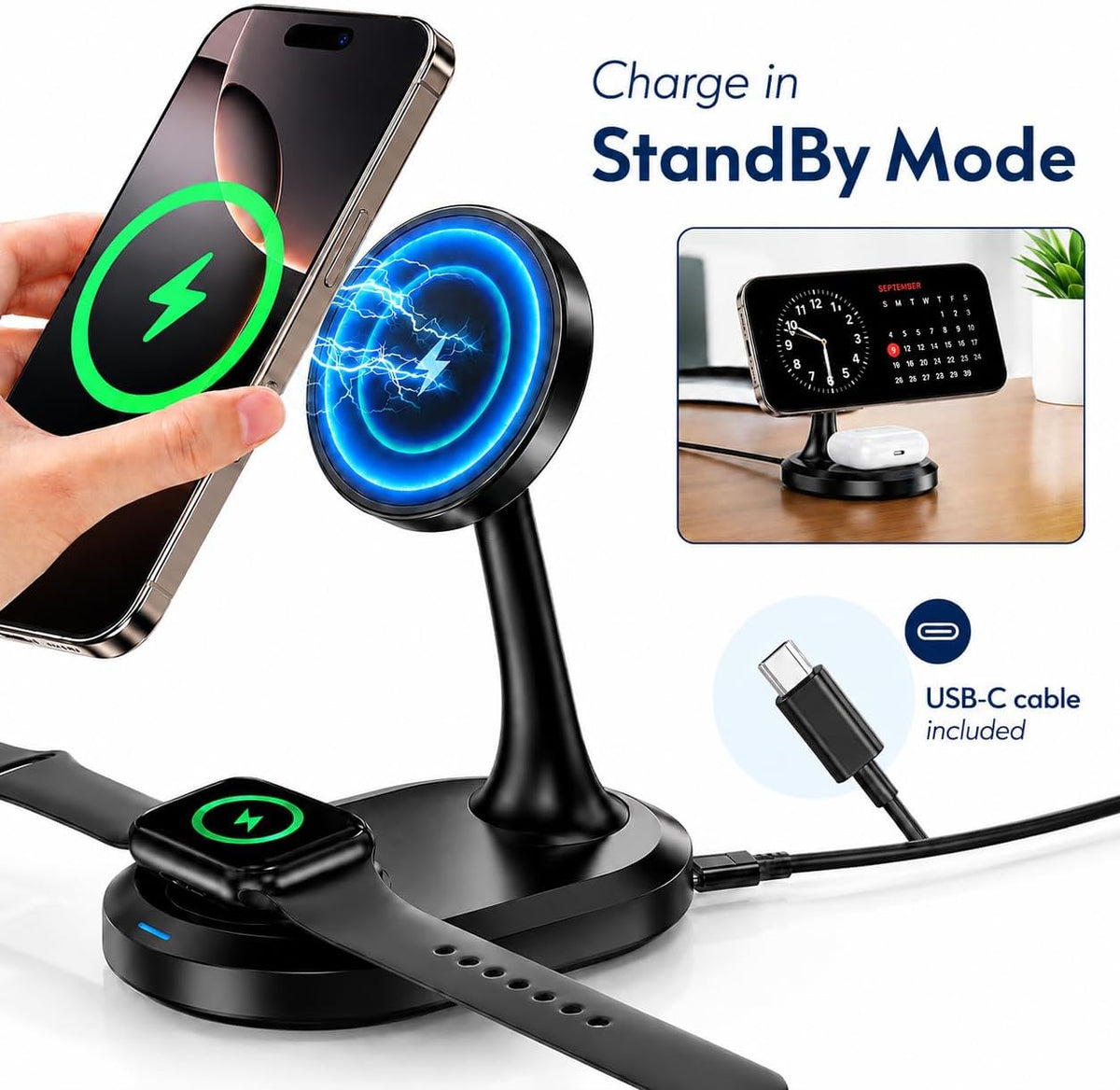 Magnetic Wireless Charger Stand 15W Fast Mag-Safe Charger for iPhone 17/17 pro/ 17 Air/ 17 pro max 16/15/14/13/12 Series Magnet Wireless Charging Station/Pad with Sleep-Friendly Light for AirPods