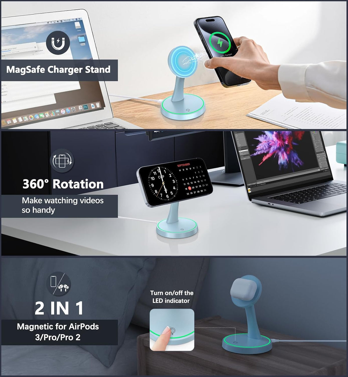 Magnetic Wireless Charger Stand 15W Fast Mag-Safe Charger for iPhone 17/17 pro/ 17 Air/ 17 pro max 16/15/14/13/12 Series Magnet Wireless Charging Station/Pad with Sleep-Friendly Light for AirPods
