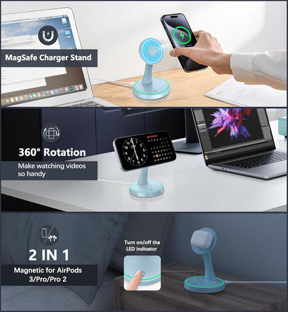 Magnetic Wireless Charger Stand 15W Fast Mag-Safe Charger for iPhone 17/17 pro/ 17 Air/ 17 pro max 16/15/14/13/12 Series Magnet Wireless Charging Station/Pad with Sleep-Friendly Light for AirPods
