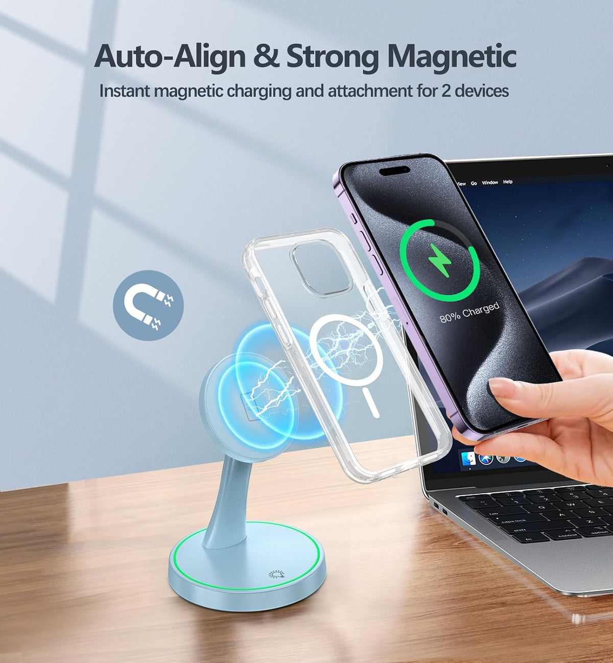 Magnetic Wireless Charger Stand 15W Fast Mag-Safe Charger for iPhone 17/17 pro/ 17 Air/ 17 pro max 16/15/14/13/12 Series Magnet Wireless Charging Station/Pad with Sleep-Friendly Light for AirPods