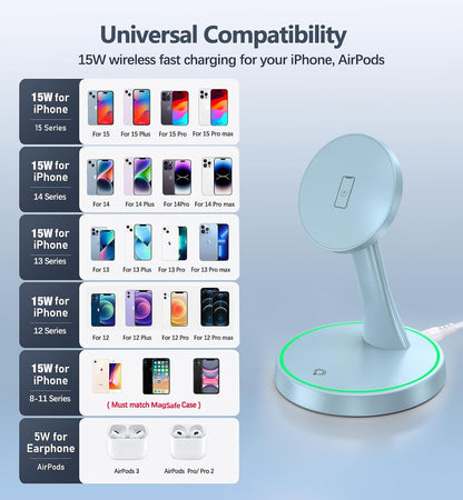 Magnetic Wireless Charger Stand 15W Fast Mag-Safe Charger for iPhone 17/17 pro/ 17 Air/ 17 pro max 16/15/14/13/12 Series Magnet Wireless Charging Station/Pad with Sleep-Friendly Light for AirPods