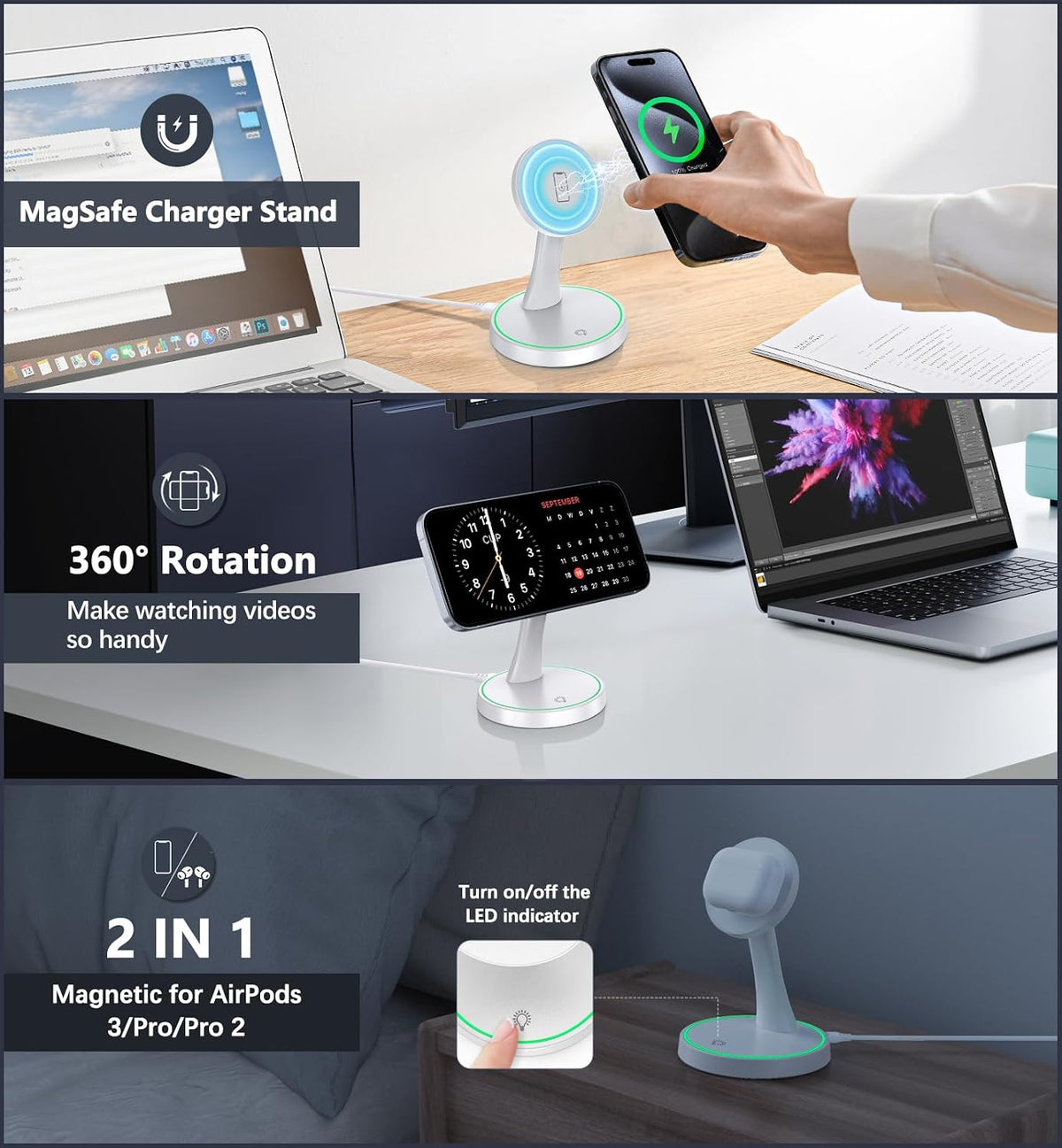 Magnetic Wireless Charger Stand 15W Fast Mag-Safe Charger for iPhone 17/17 pro/ 17 Air/ 17 pro max 16/15/14/13/12 Series Magnet Wireless Charging Station/Pad with Sleep-Friendly Light for AirPods