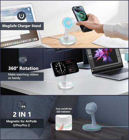 Magnetic Wireless Charger Stand 15W Fast Mag-Safe Charger for iPhone 17/17 pro/ 17 Air/ 17 pro max 16/15/14/13/12 Series Magnet Wireless Charging Station/Pad with Sleep-Friendly Light for AirPods
