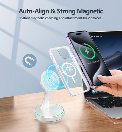 Magnetic Wireless Charger Stand 15W Fast Mag-Safe Charger for iPhone 17/17 pro/ 17 Air/ 17 pro max 16/15/14/13/12 Series Magnet Wireless Charging Station/Pad with Sleep-Friendly Light for AirPods