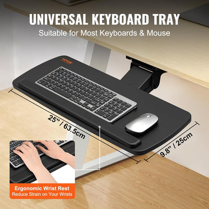 Under-Desk Keyboard Tray, Adjustable for Height and Tilt, Slide-Out Design, Spacious 25x9.8 Inch Surface, Ideal for Home and Office Use