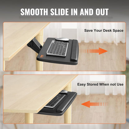 Under-Desk Keyboard Tray, Adjustable for Height and Tilt, Slide-Out Design, Spacious 25x9.8 Inch Surface, Ideal for Home and Office Use