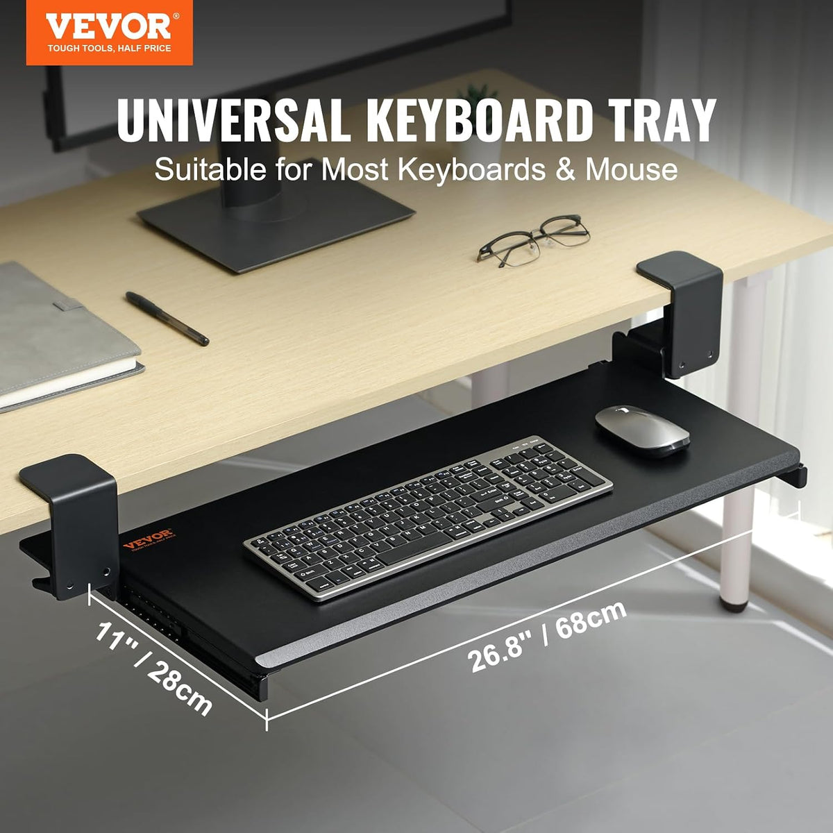 Under-Desk Keyboard Tray, Adjustable for Height and Tilt, Slide-Out Design, Spacious 25x9.8 Inch Surface, Ideal for Home and Office Use