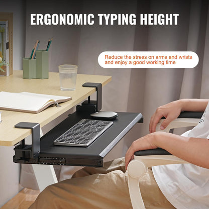 Under-Desk Keyboard Tray, Adjustable for Height and Tilt, Slide-Out Design, Spacious 25x9.8 Inch Surface, Ideal for Home and Office Use