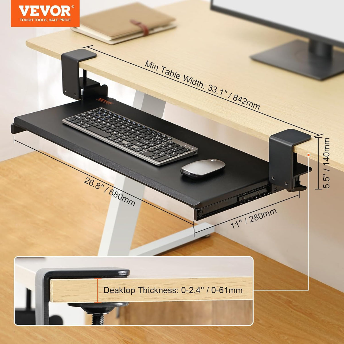 Under-Desk Keyboard Tray, Adjustable for Height and Tilt, Slide-Out Design, Spacious 25x9.8 Inch Surface, Ideal for Home and Office Use