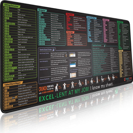 Excel Cheat Sheet Desk Pad | Excel Shortcut Keys Mouse Pad | Extended Large XL Gaming Mousepad | PC Office Spreadsheet Keyboard Mat | Non-Slip Stitched Edge