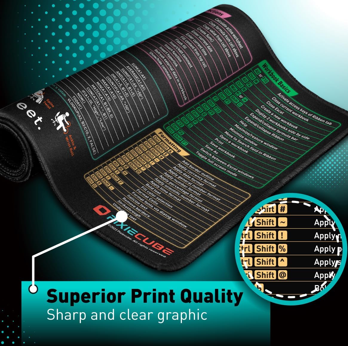Excel Cheat Sheet Desk Pad | Excel Shortcut Keys Mouse Pad | Extended Large XL Gaming Mousepad | PC Office Spreadsheet Keyboard Mat | Non-Slip Stitched Edge