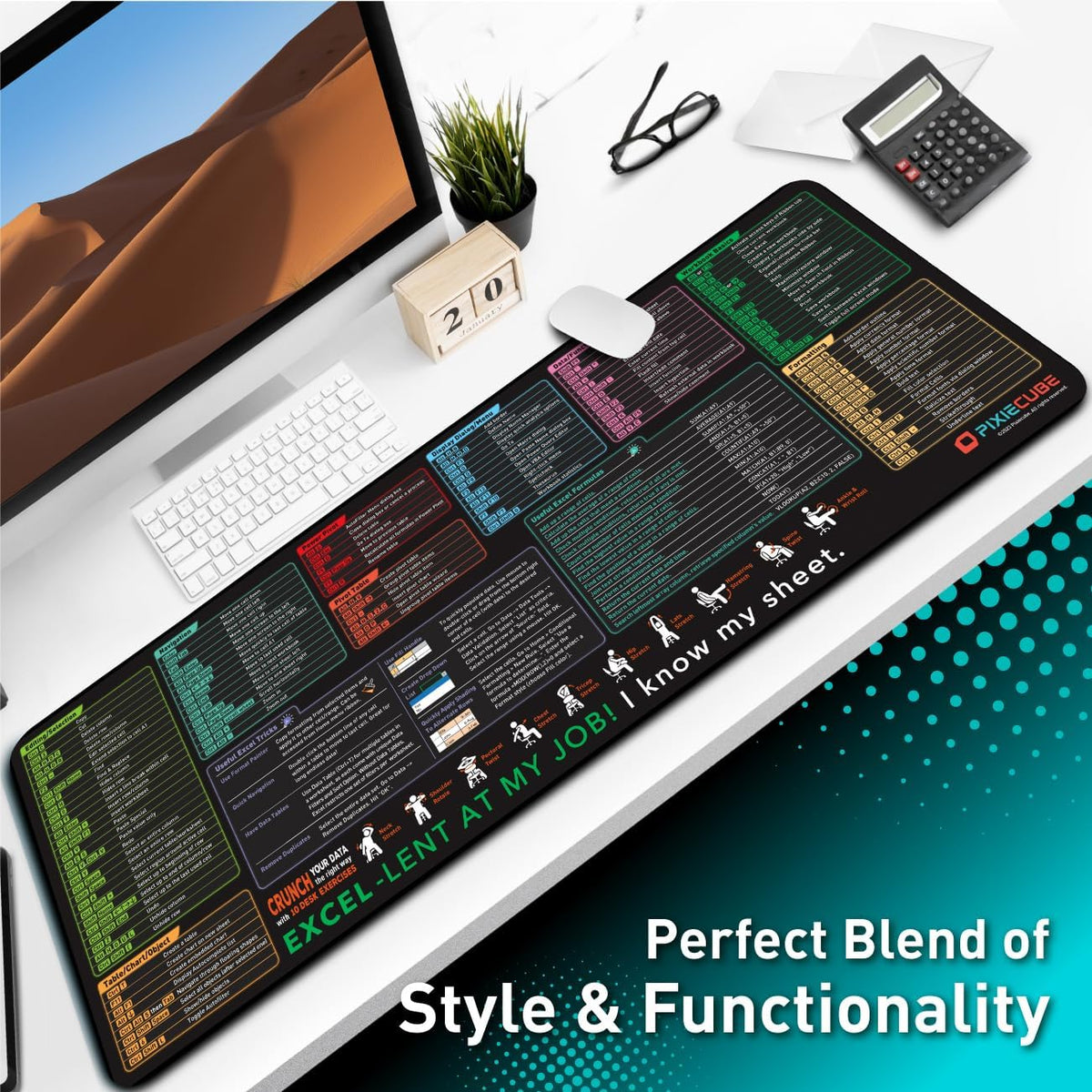 Excel Cheat Sheet Desk Pad | Excel Shortcut Keys Mouse Pad | Extended Large XL Gaming Mousepad | PC Office Spreadsheet Keyboard Mat | Non-Slip Stitched Edge