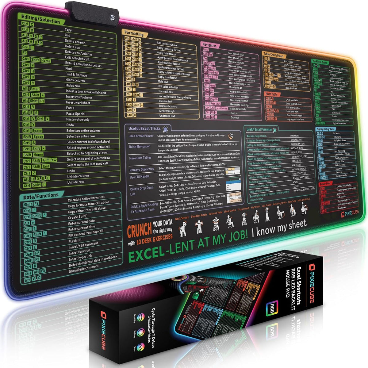 Excel Cheat Sheet Desk Pad | Excel Shortcut Keys Mouse Pad | Extended Large XL Gaming Mousepad | PC Office Spreadsheet Keyboard Mat | Non-Slip Stitched Edge