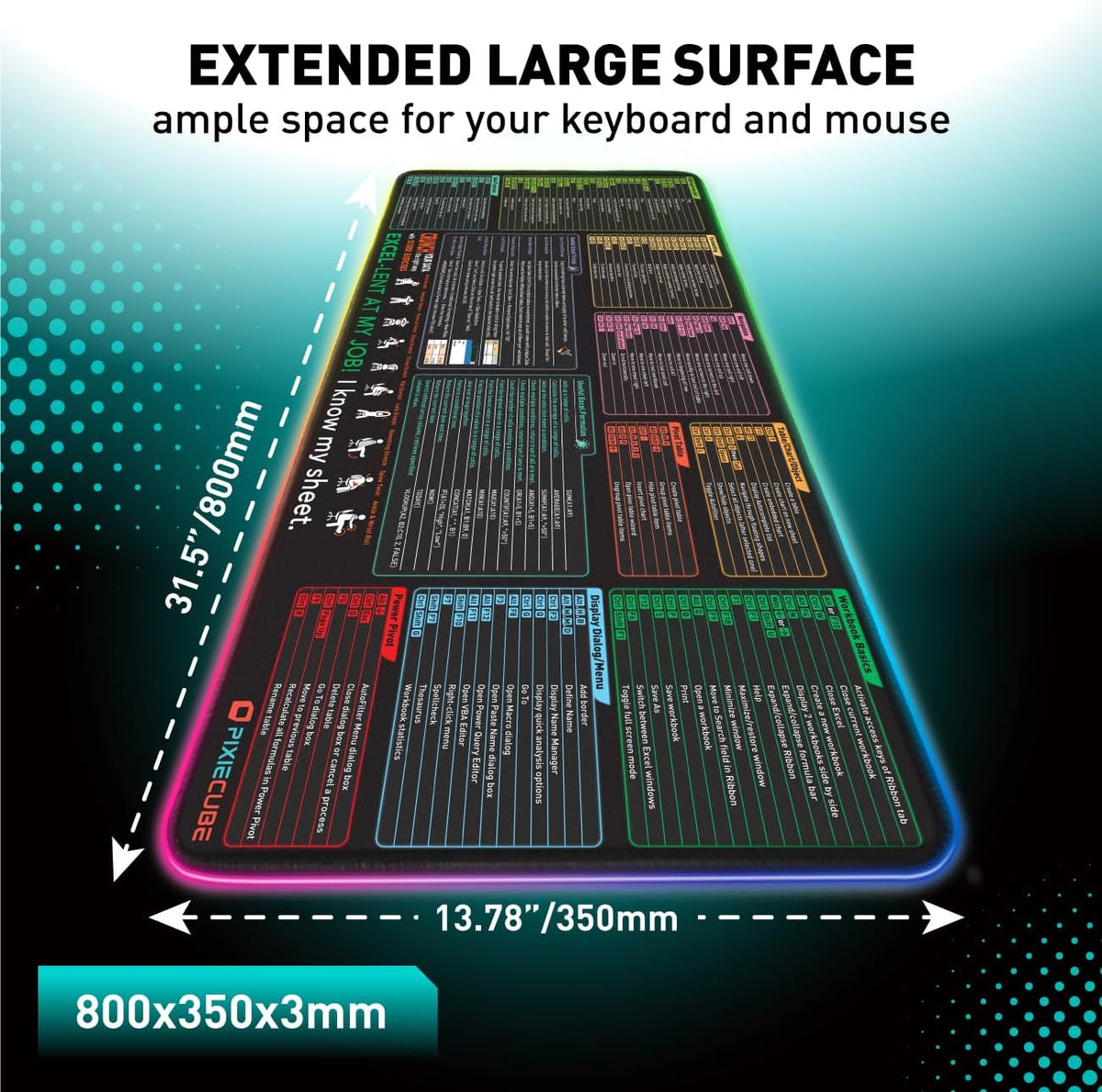 Excel Cheat Sheet Desk Pad | Excel Shortcut Keys Mouse Pad | Extended Large XL Gaming Mousepad | PC Office Spreadsheet Keyboard Mat | Non-Slip Stitched Edge