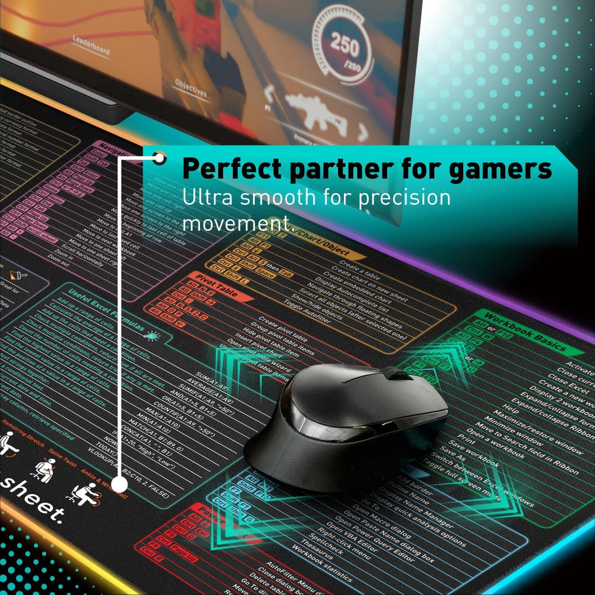 Excel Cheat Sheet Desk Pad | Excel Shortcut Keys Mouse Pad | Extended Large XL Gaming Mousepad | PC Office Spreadsheet Keyboard Mat | Non-Slip Stitched Edge