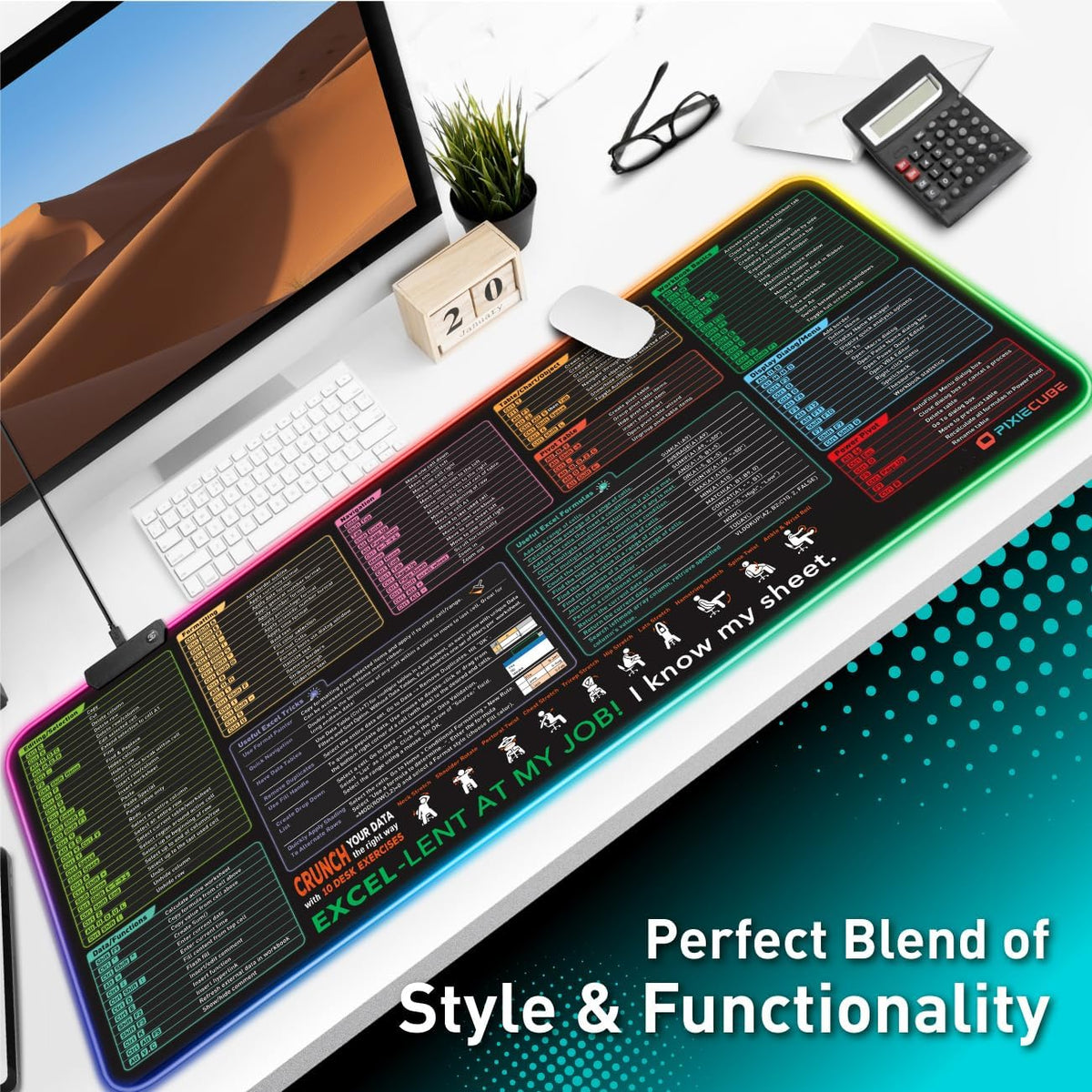 Excel Cheat Sheet Desk Pad | Excel Shortcut Keys Mouse Pad | Extended Large XL Gaming Mousepad | PC Office Spreadsheet Keyboard Mat | Non-Slip Stitched Edge