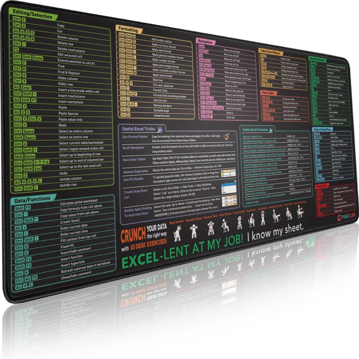 Excel Cheat Sheet Desk Pad | Excel Shortcut Keys Mouse Pad | Extended Large XL Gaming Mousepad | PC Office Spreadsheet Keyboard Mat | Non-Slip Stitched Edge