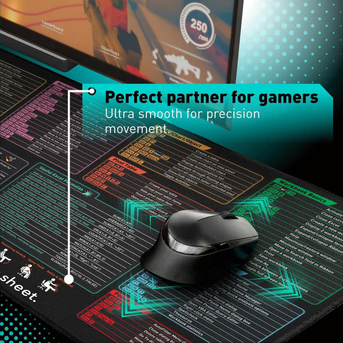 Excel Cheat Sheet Desk Pad | Excel Shortcut Keys Mouse Pad | Extended Large XL Gaming Mousepad | PC Office Spreadsheet Keyboard Mat | Non-Slip Stitched Edge