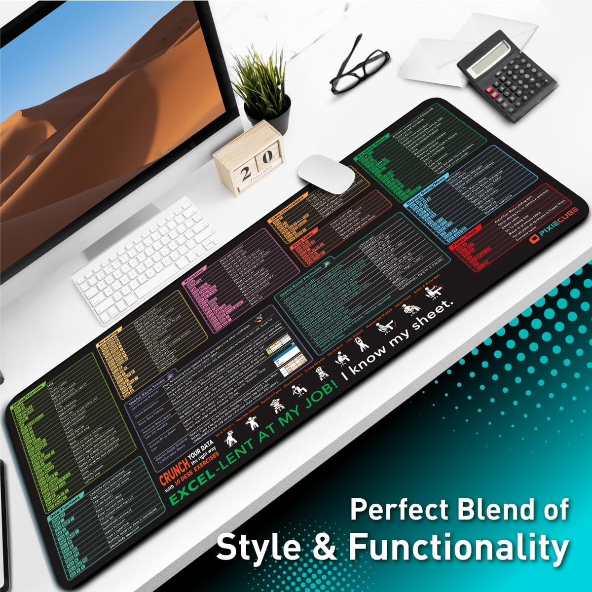 Excel Cheat Sheet Desk Pad | Excel Shortcut Keys Mouse Pad | Extended Large XL Gaming Mousepad | PC Office Spreadsheet Keyboard Mat | Non-Slip Stitched Edge
