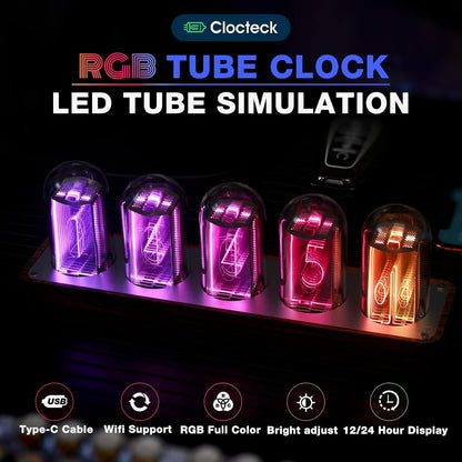 Nixie Tube Clock with Wi-Fi SYNC, Alarm & Timer, 12/24H Display, No Assembly Required - A Retro Gift for Friends (Wood Grain)