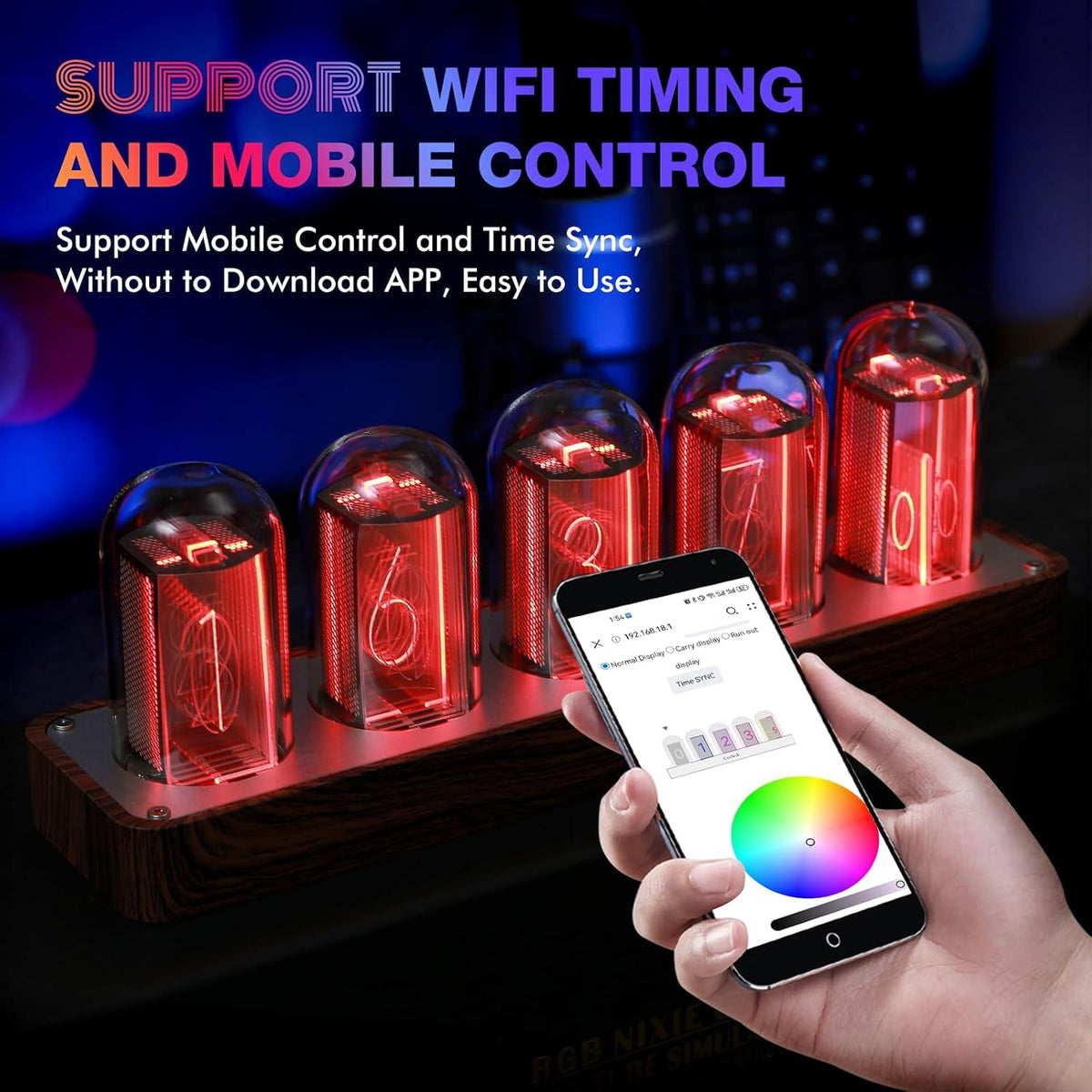 Nixie Tube Clock with Wi-Fi SYNC, Alarm & Timer, 12/24H Display, No Assembly Required - A Retro Gift for Friends (Wood Grain)