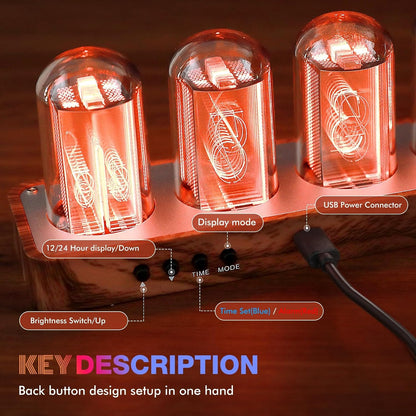 Nixie Tube Clock with Wi-Fi SYNC, Alarm & Timer, 12/24H Display, No Assembly Required - A Retro Gift for Friends (Wood Grain)