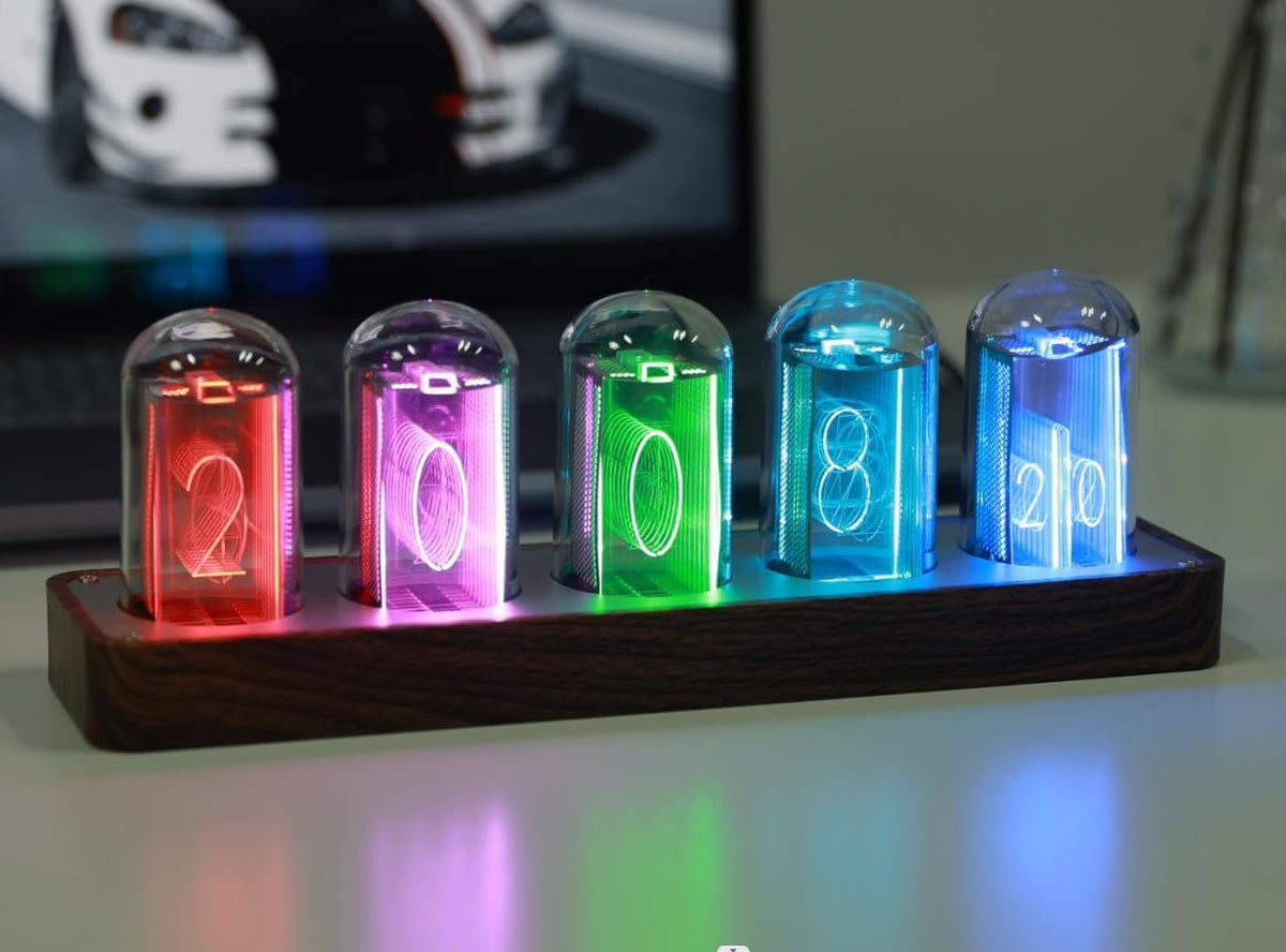 Nixie Tube Clock with Wi-Fi SYNC, Alarm & Timer, 12/24H Display, No Assembly Required - A Retro Gift for Friends (Wood Grain)