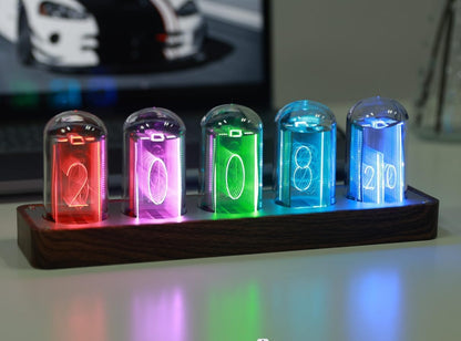 Nixie Tube Clock with Wi-Fi SYNC, Alarm & Timer, 12/24H Display, No Assembly Required - A Retro Gift for Friends (Wood Grain)