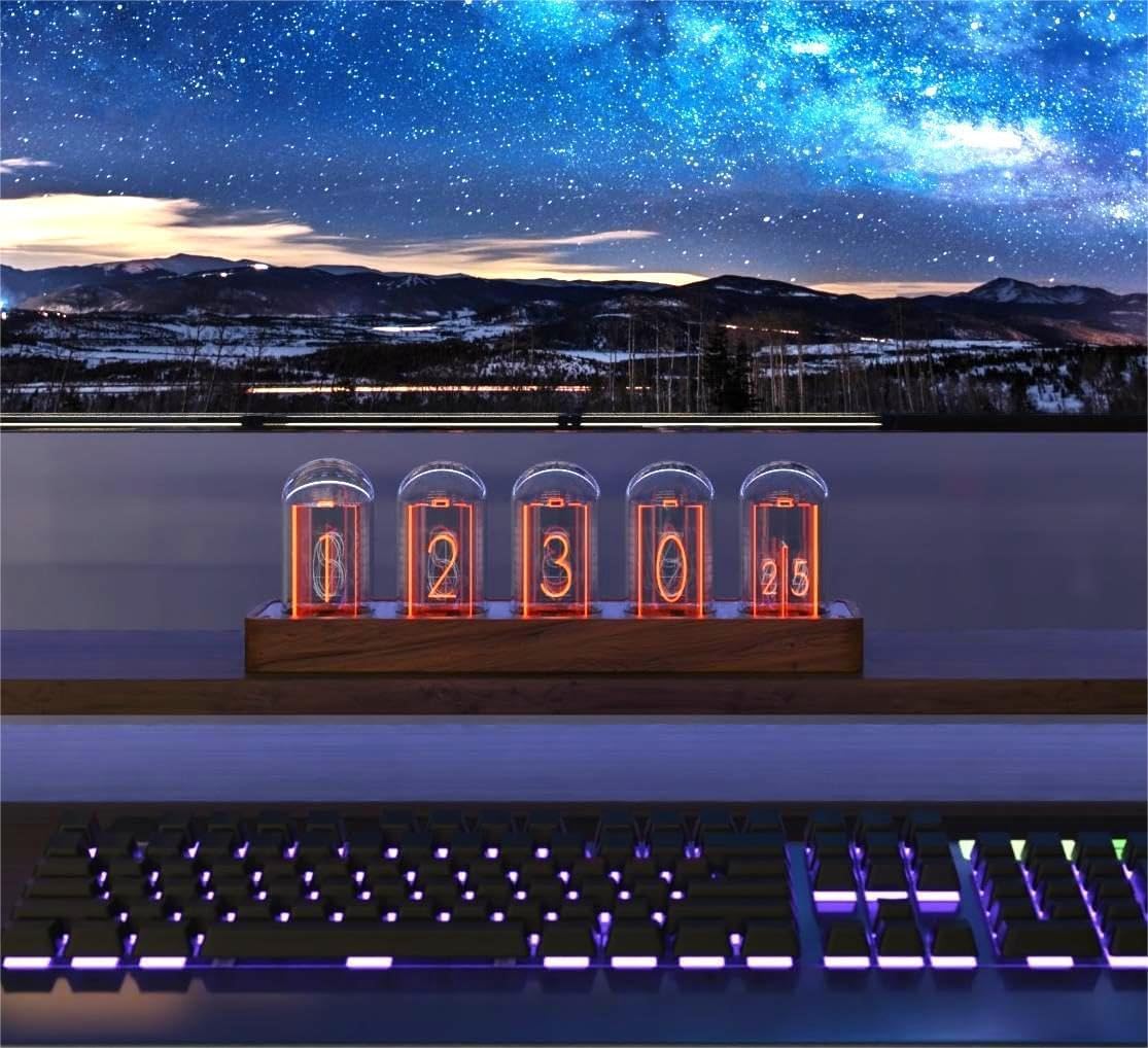 Nixie Tube Clock with Wi-Fi SYNC, Alarm & Timer, 12/24H Display, No Assembly Required - A Retro Gift for Friends (Wood Grain)