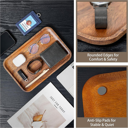 Serving Acacia Wood Valet Tray for Men Women, Catch All Acacia Mens Key Dump Bedside Nightstand Organizer EDC Decorative Wooden Tray for Phone Watch Wallet Keys Jewelry