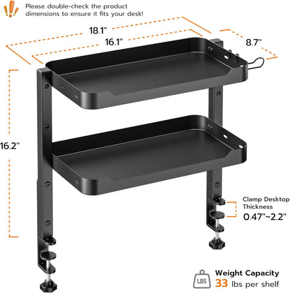 2-Tier 16 inch Clamp On Desk Shelf, Above or Under Desk Storage