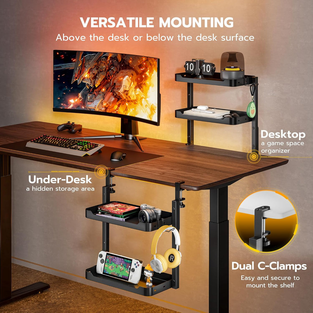 2-Tier 16 inch Clamp On Desk Shelf, Above or Under Desk Storage