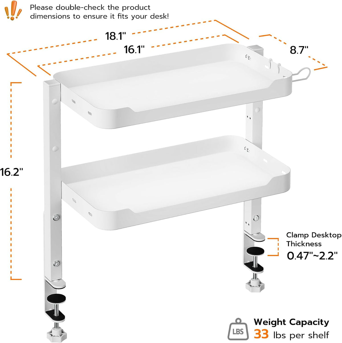 2-Tier 16 inch Clamp On Desk Shelf, Above or Under Desk Storage