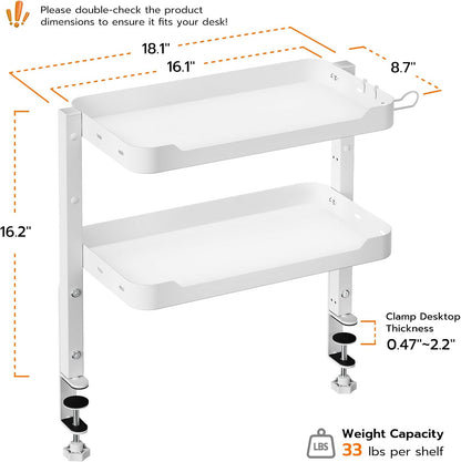 2-Tier 16 inch Clamp On Desk Shelf, Above or Under Desk Storage