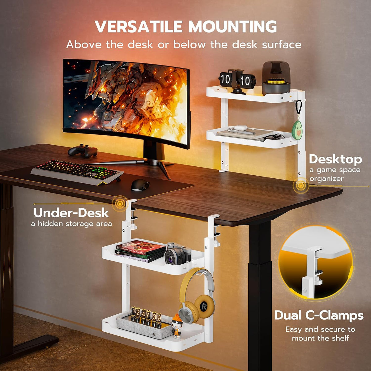 2-Tier 16 inch Clamp On Desk Shelf, Above or Under Desk Storage
