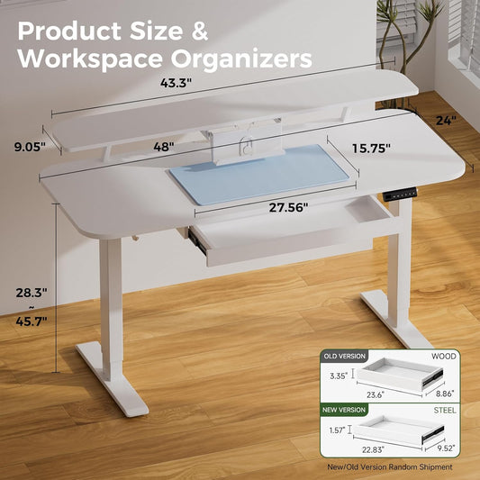 Electric Standing Desk with Drawers, 48 x 24'' Sit Stand up Desk with Monitor Stand, Laptop Stand, Height Adjustable Ergonomic Home Office Computer Desk with Memory Preset Controller
