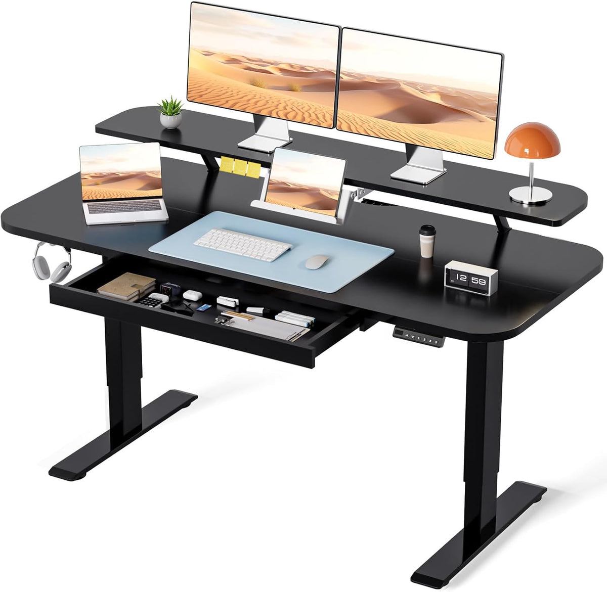 Electric Standing Desk with Drawers, 48 x 24'' Sit Stand up Desk with Monitor Stand, Laptop Stand, Height Adjustable Ergonomic Home Office Computer Desk with Memory Preset Controller