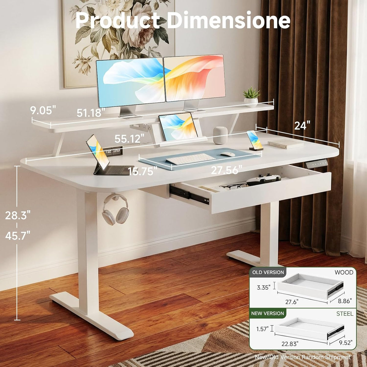 Electric Standing Desk with Drawers, 48 x 24'' Sit Stand up Desk with Monitor Stand, Laptop Stand, Height Adjustable Ergonomic Home Office Computer Desk with Memory Preset Controller