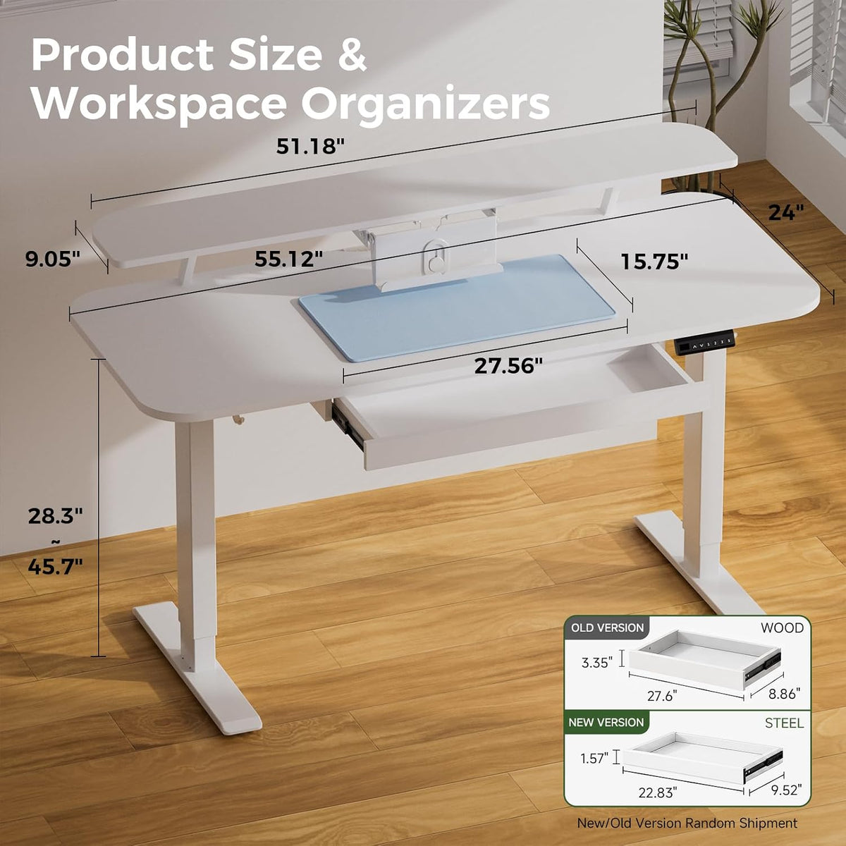 Electric Standing Desk with Drawers, 48 x 24'' Sit Stand up Desk with Monitor Stand, Laptop Stand, Height Adjustable Ergonomic Home Office Computer Desk with Memory Preset Controller