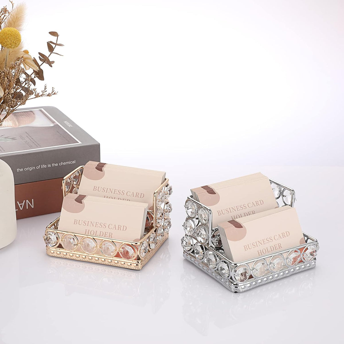 2 Tiers Crystal Business Card Holder Gold Mirrored Cards Organizer
