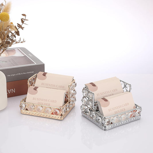2 Tiers Crystal Business Card Holder Gold Mirrored Cards Organizer