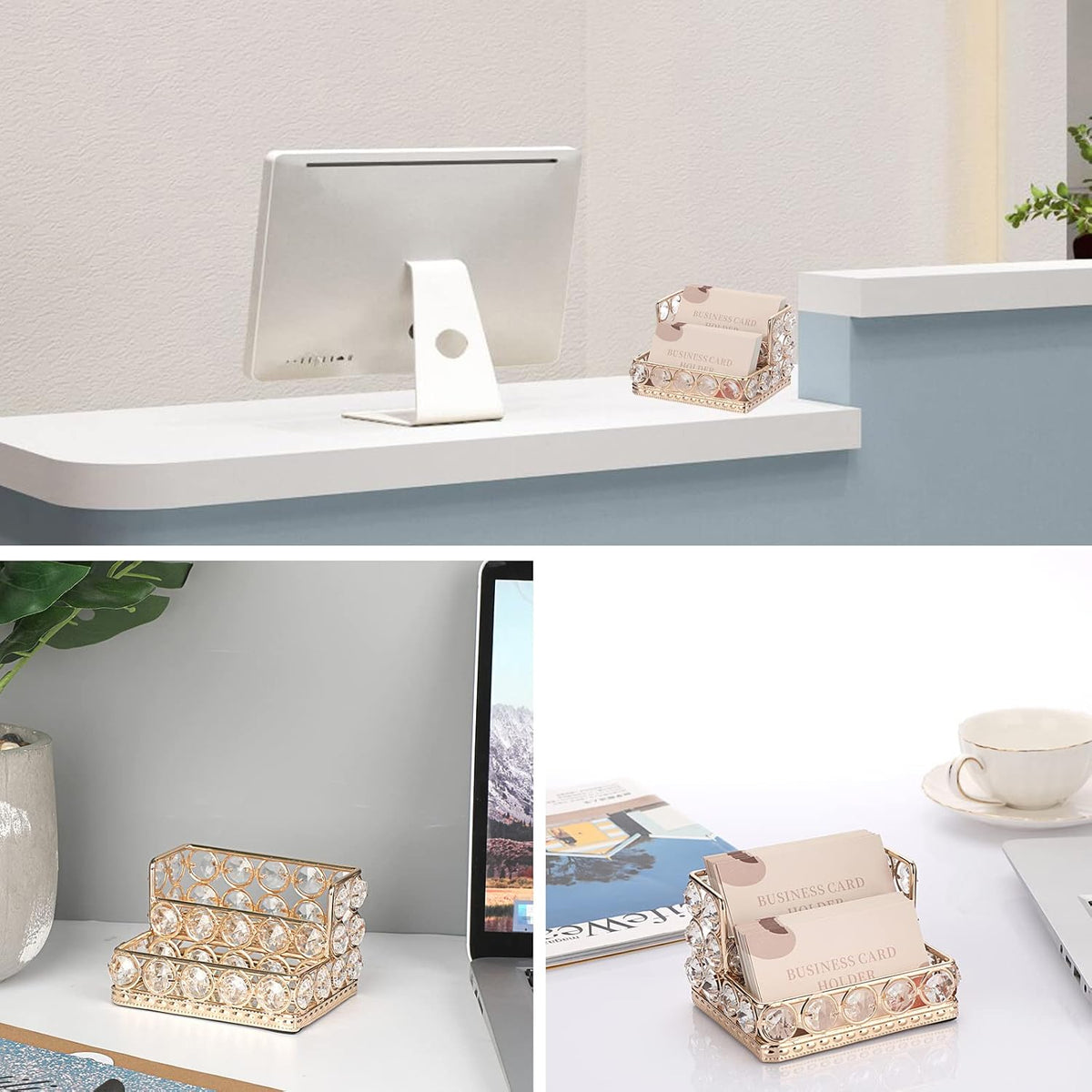 2 Tiers Crystal Business Card Holder Gold Mirrored Cards Organizer